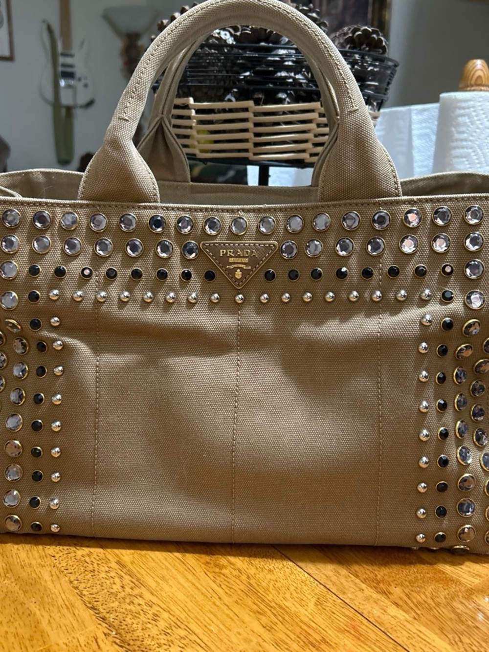 Large Prada Beige Canvas Tote with Stud and Crystal Accents